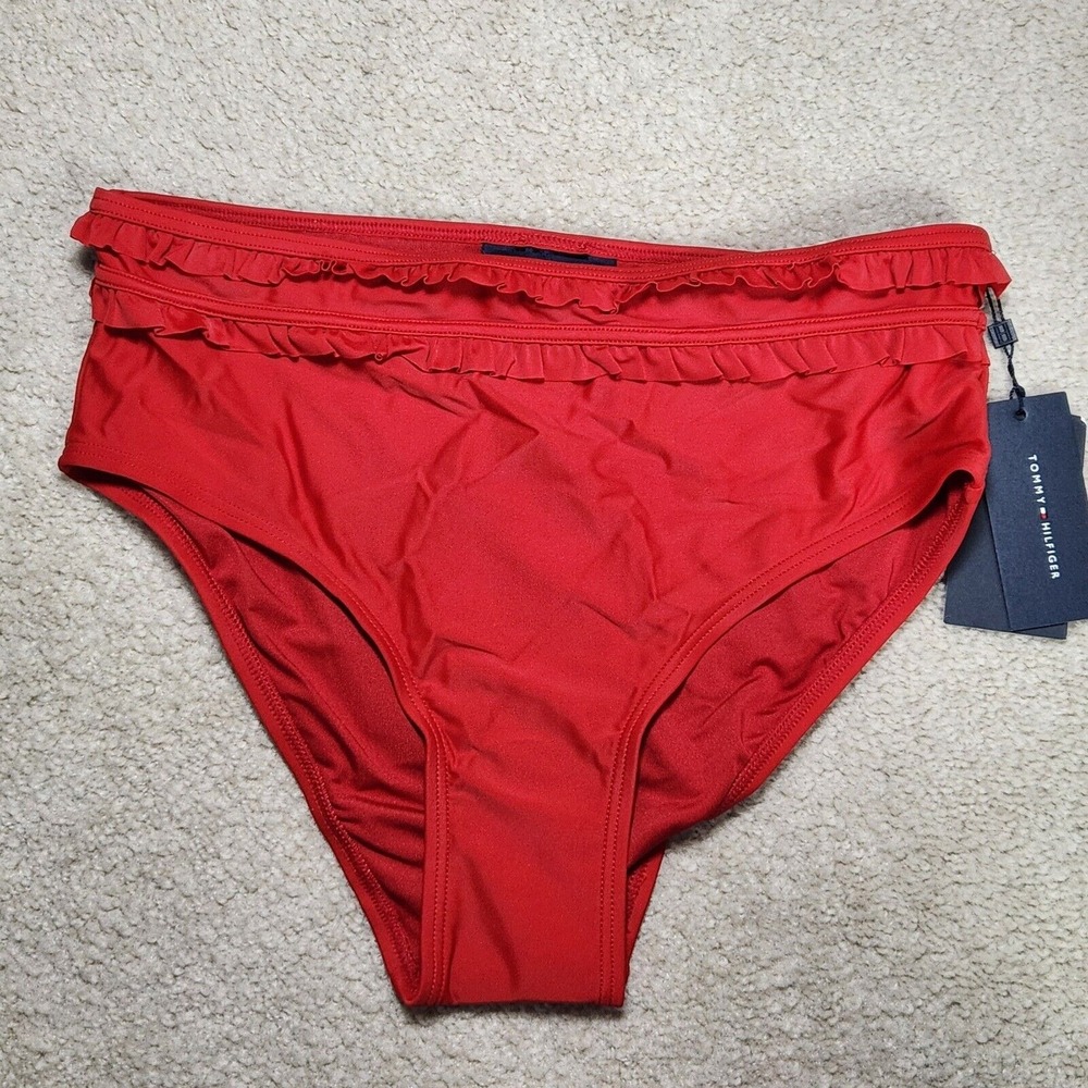Tommy Hilfiger Ruffle Trim High Waist Swimsuit Bottoms Solid Red Lined Size‎ S